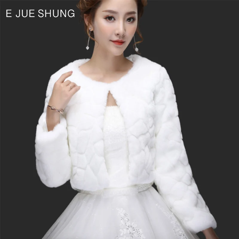 E JUE SHUNG White/Red Winter Wedding Bolero Wedding Shawls Bridal Shrug Faux Fur Women Wraps Bridal Jacket Party Coat