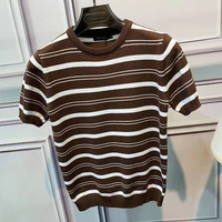 mens short sleeve sweater striped slim sweater spring and autumn new high end small shirt round neck handsome korean coat