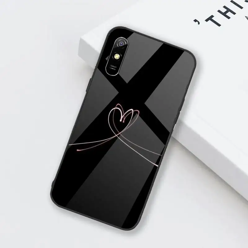 

Simple Lines Love Heart Phone Case Tempered glass For xiaomi Redmi 4X 5 6 6A 8 8SE MIX 2 2S Note 3 4 5 6 7 PLUS PRO