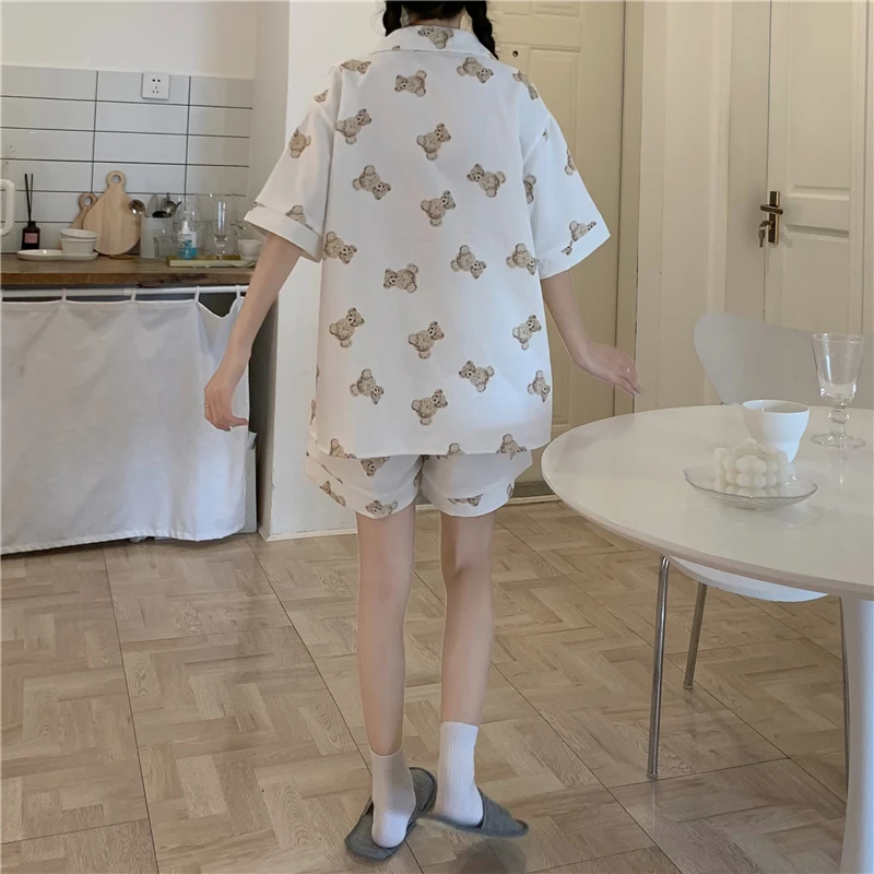 Cartoon Print Summer Pajamas Set Women Single Breasted Shirts + Shorts Sets Two Piece Home Suit Kawaii Bear Cotton Homewear