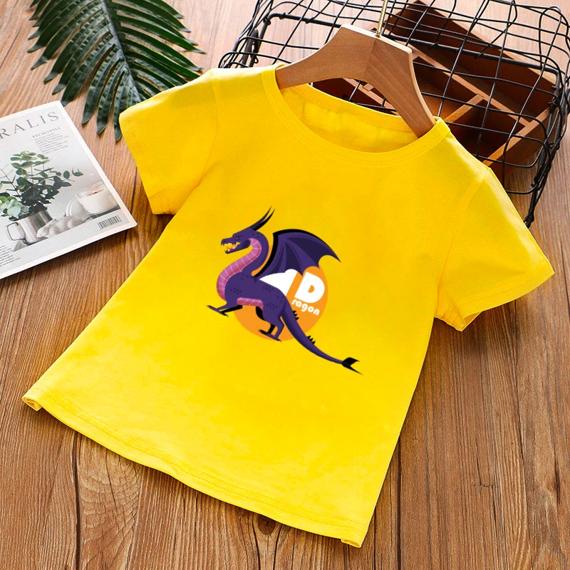 

2021 Childrens Kids T-Shirts Summer Fire breathing Dragon Theme Dinosaur Boys Fashion Tee Girls Shirt Cute Funny Short Sleeves
