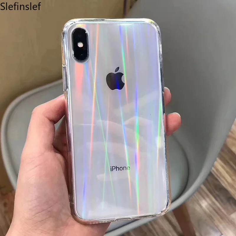 Градиентные радужные чехлы для iPhone X прозрачный мягкий лазерный чехол XS Max XR