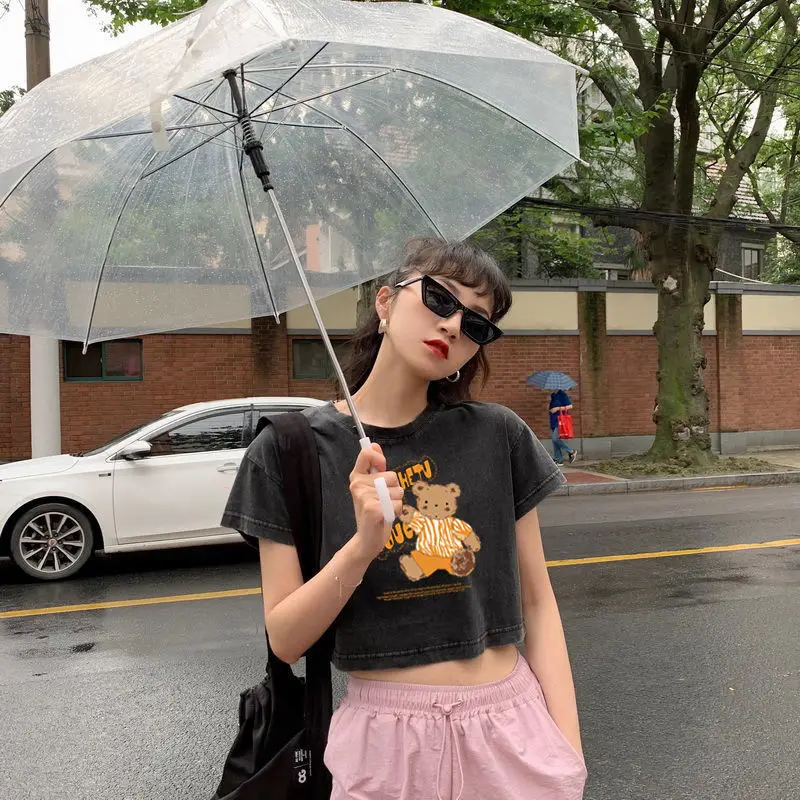 

100% Cotton Graphic T Shirts Women 2021 Bear Print Alt Clothes Aesthetic Summer Tee Shirt MINGLIUSILI Fashion Cropped Tops Mujer