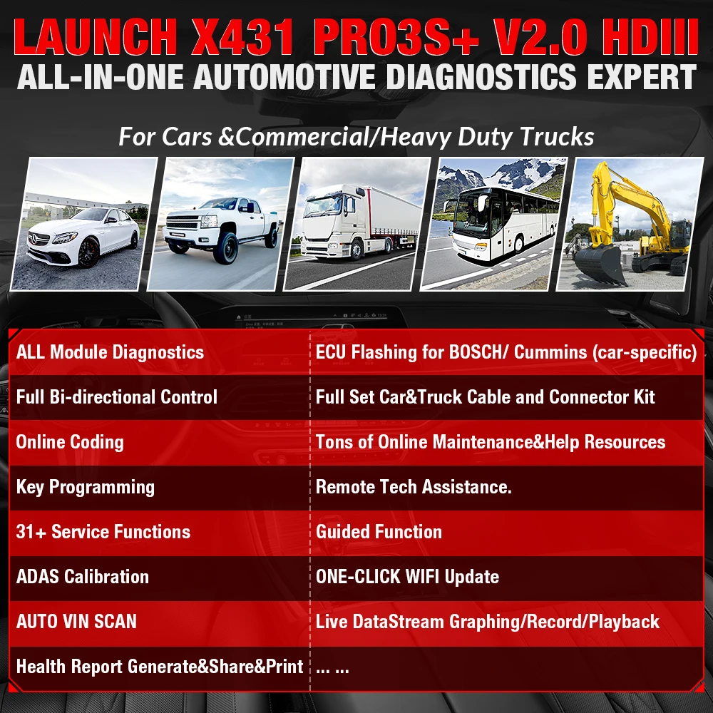 Диагностические инструменты LAUNCH X431 PRO3S + HDIII obd2 сканер кодов для автомобилей и