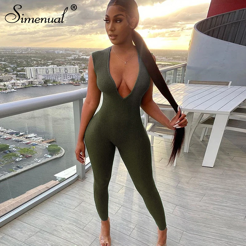 

Simenual Deep V Neck Ribbed Long Jumpsuits Sleeveless Women Skinny Solid Army Green Bodycon Fashion Catsuit One Piece Outfits