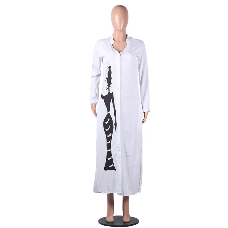 

Women Long Sleeve Character Print Shirt Dress Autumn V-neck Pockets Maxi Sundress Girls Side Split Loose Long Dress Vestidos