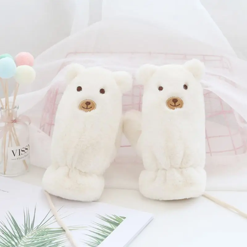 Зимние плюшевые перчатки для мальчиков и девочек на полный палец со шнурком с