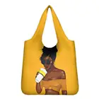 HYCOOL, желтые сумки для женщин, тоут, шоппинг, художественная черная сумка для покупок с принтом афро-девушки, складная сумка для покупок, оптовая продажа женских сумок большой вместимости
