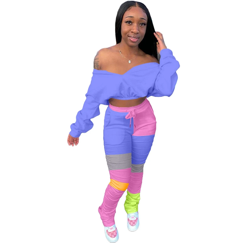 

2022 Wholesale Clothing Women Sets Sexy V Neck Long Sleeve Crop Top Stacked Leggings Set Womens Two Piece Outfits Dropshipping