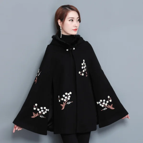 Черные накидки с капюшоном и вышивкой пончо для женщин винтажные осенне-зимние