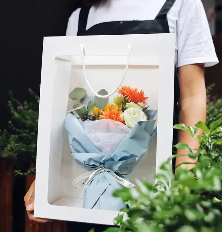 

Portable Flower Bag With Clear Window Flower Gift Packaging Paper Bag Florist Supplies 25.5*15.5*35cm#202129