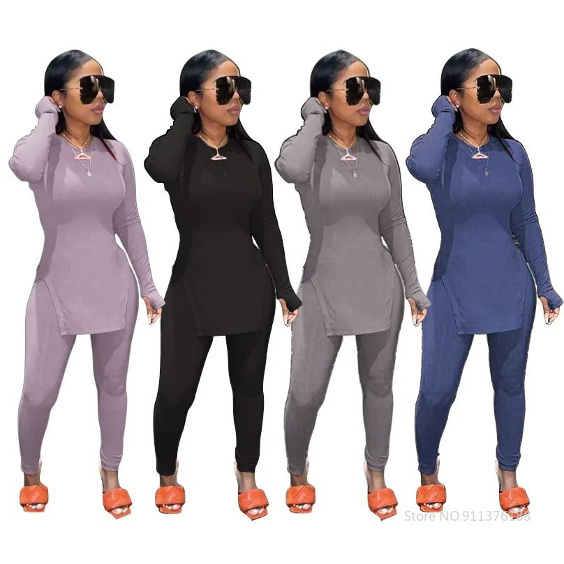 

Ajoc Grey/black Fitness Women Two Piece Set Side Split Long Sleeve Tshirts and Bodycon Leggings Casual High Street Tracksuit