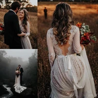 2019 bohemian wedding dresses with long sleeve sexy v neck lace sweep train beach boho country bridal gowns robe de mariee