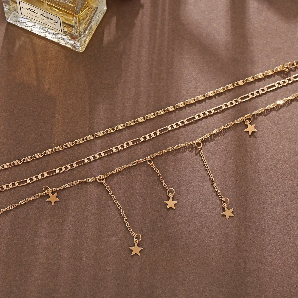 

European and American cross-border multi-layer five-pointed star necklace, creative retro simple three-layer alloy clavicle chai