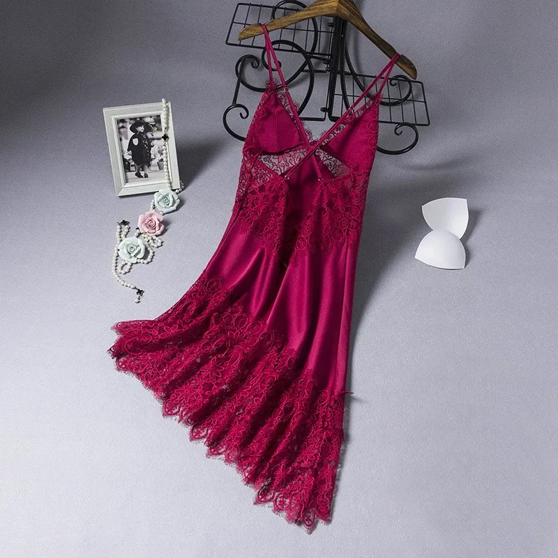 Lace Hollow Out Nightdress Sexy Female Nightgown Strap Sleepwear Bride Summer Dressing Gown Loungewear With Pads Sleep Dress