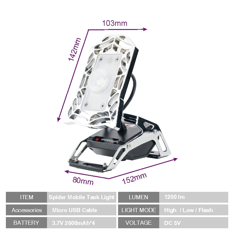 Портативный светодиодный прожектор IP65 Spider Mobile Task Light 180 градусов гибкий угол USB