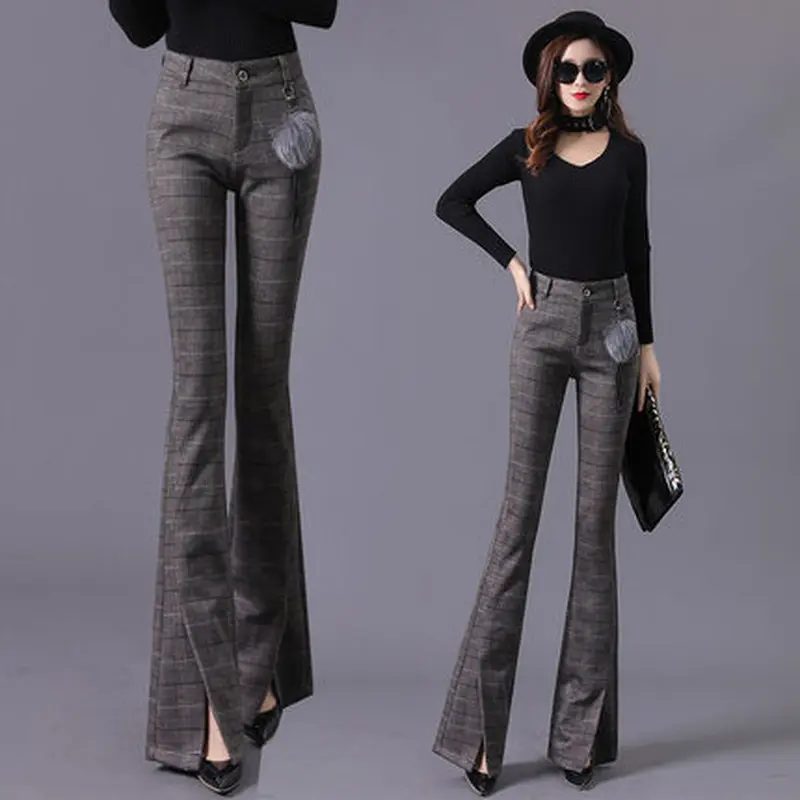 Брюки женские осенне-зимние 2019 шерстяные в клетку Уайлд высокая талия | Женская