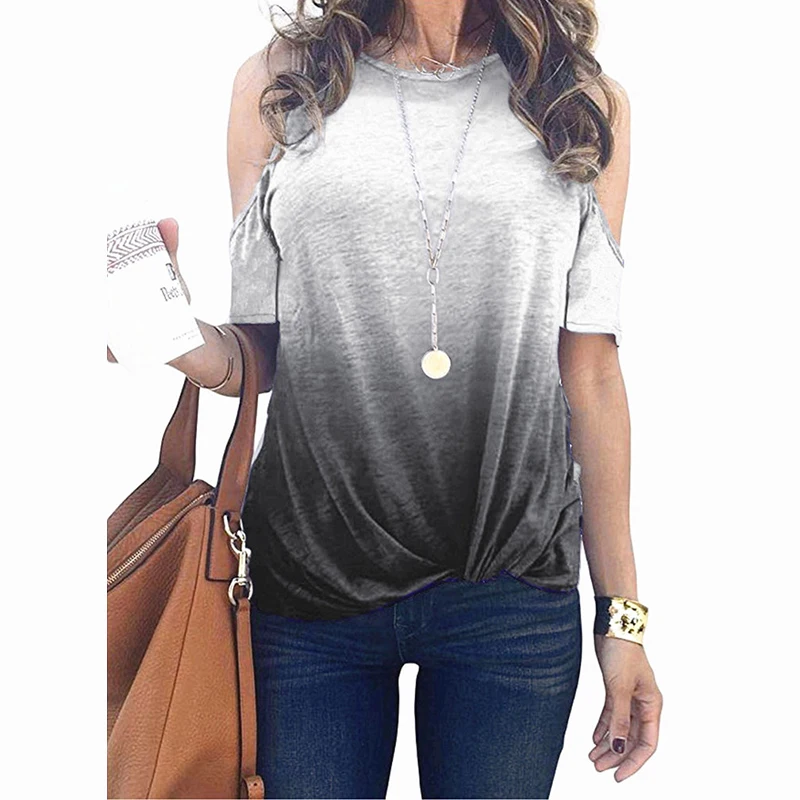 

Womens Strapless T-Shirt Cotton Slim Women T Shirt For Female O-Neck Gradient Print Casual Short Sleeves Tops Woman T-Shirt