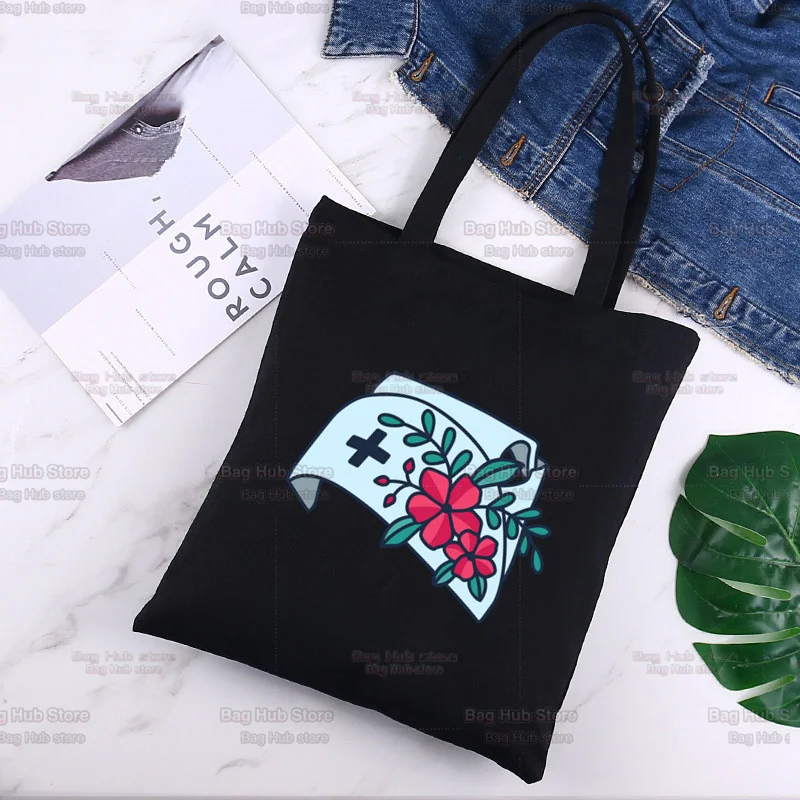 

Enfermera Funny Nurse Stethoscope Harajuku Solid Color Canvas College Ulzzang Korean Shopper Bag Black DIY Casual Shoulder Bags