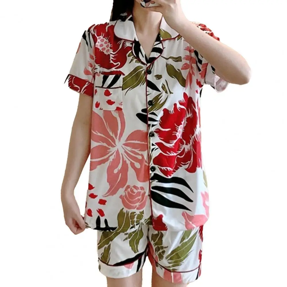 

Women Pajama Sets 2021 Outfit Leaf Print Single-breasted Summer Lapel Short Sleeve Cardigan Shorts Set for Home
