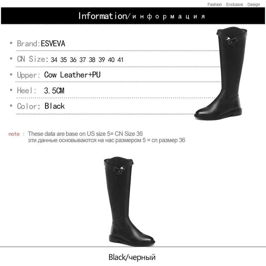 

ESVEVA 2020 Cow Leather PU Buckle Winter Comfort Knee High Boots Fashion Square Heel Round Toe Slip on Women Shoes Size 34-41