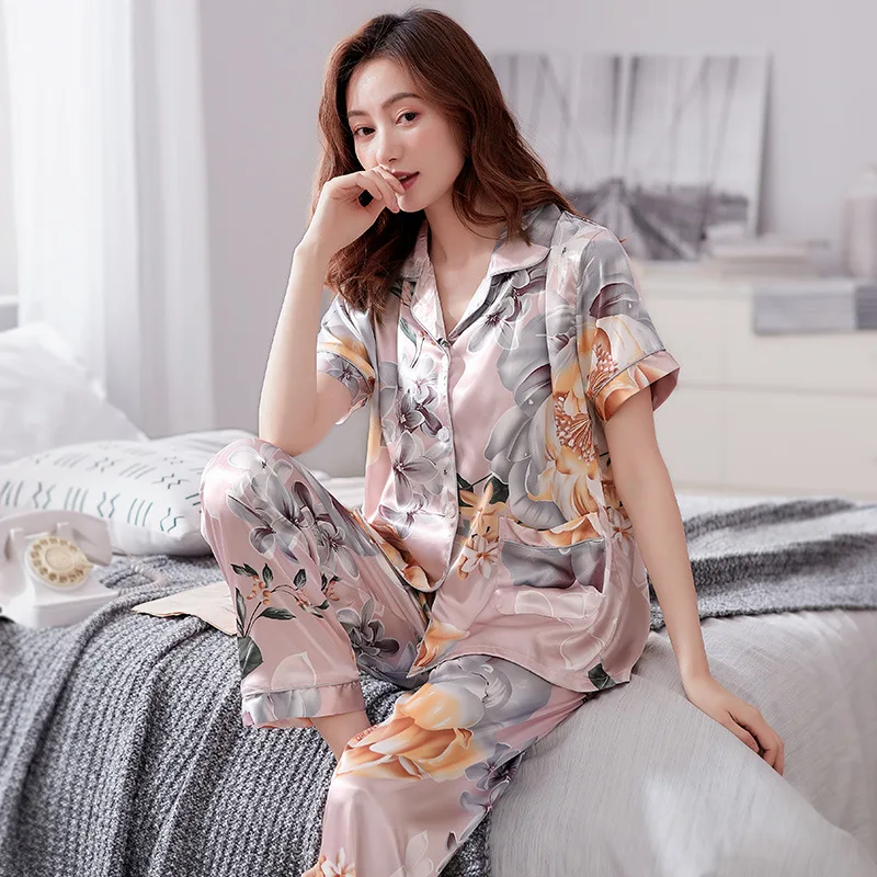 Summer Silk Pajamas Women's Silk Cardigan Short-sleeved Trousers Two-piece Suit Women's Casual Loose Home Wear Women's Pajamas