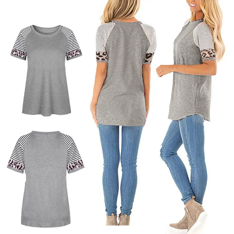

Summer Feather Print Women Tshirt Casual Short Sleeves Tops Tees round neck striped leopard T-Shirts Loose Plus Size