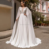 sexy illusion deep v neck a line lace chiffon wedding dresses with detachable shawl open back floor length bridal gowns vestido