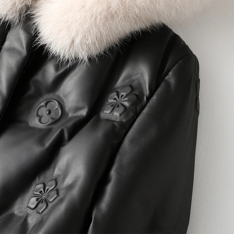 Fall Fashion Fox Collar Hooded Leather Down Jacket Women Casual Sheepskin Coat Winter Warm Thick High Quality Genuine Fur Jacket