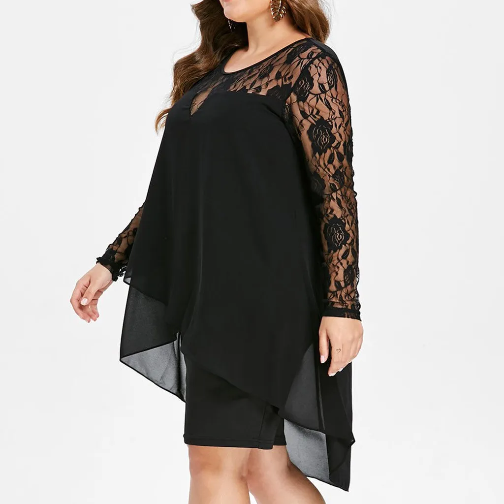35&amp Women Lace Dress Casual Plus Size Sheer Sleeve High Low Hem O-Neck Swing Vestidos Mujer Autumn | Женская одежда