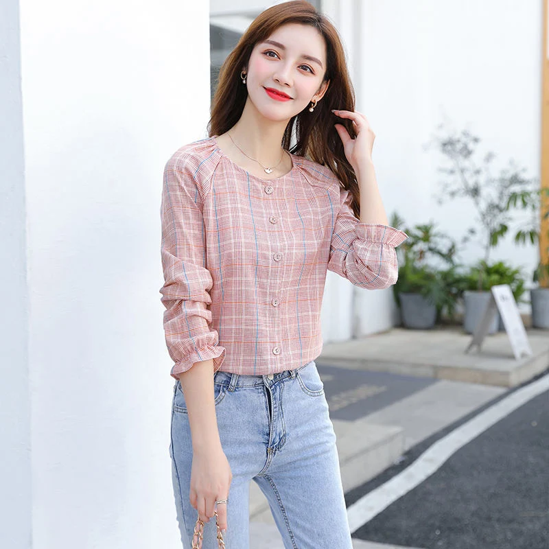 

Women Spring Summer Cotton Blouses Shirts Lady Casual Long Sleeve O-Neck Striped Printed Blusas Tops
