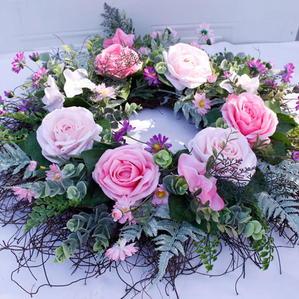 Weddinng Artificial Rose Flower Wreath Silk Simulation Spring For Front Door Wall Hanging Window Wedding Party Decor | Дом и сад