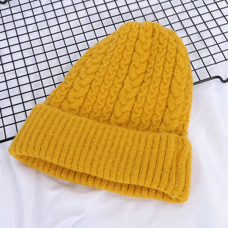 Yellow Женские шапки, Зимняя шерстяная вязаная шапка, Женская однотонная вязаная шапка, Повседневная шапка, женская мягкая теплая утолщенная шапка с узором - Цвет: Yellow