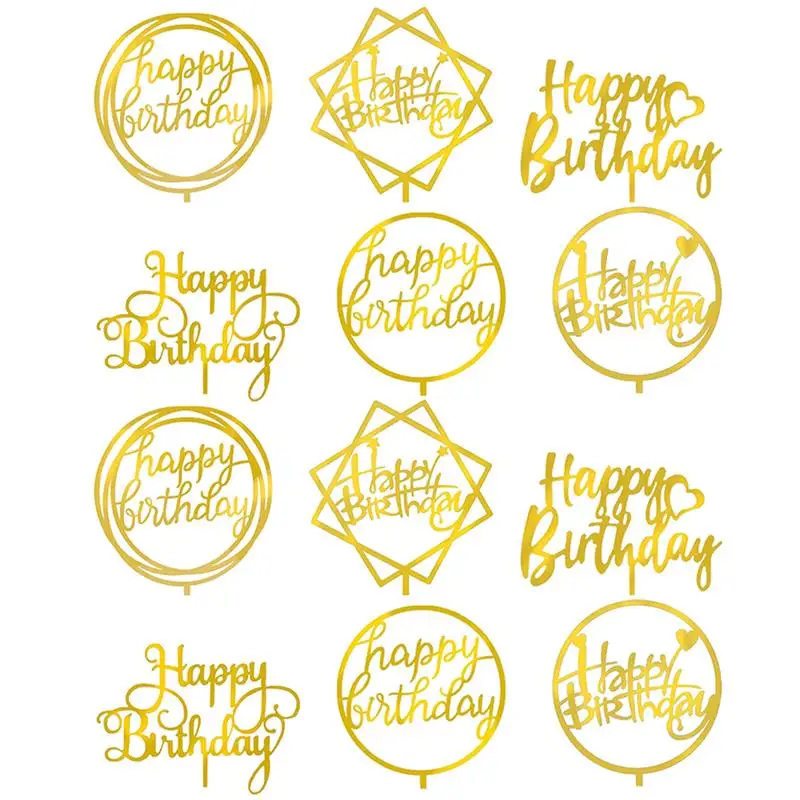 

12Pcs Happy Birthday Cake Topper Acrylic Double-Sided Mirror Birthday Cake Toppers Cake Insert Card Baking Decor Random style