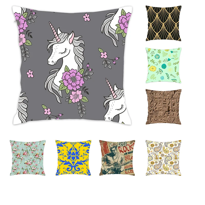 

[Douladou] New Flowers unicorn Pattern Soft Pillowcase Hidden Zipper Closure for Bedroom Throw Cushion Pillow Cover 45x45cm