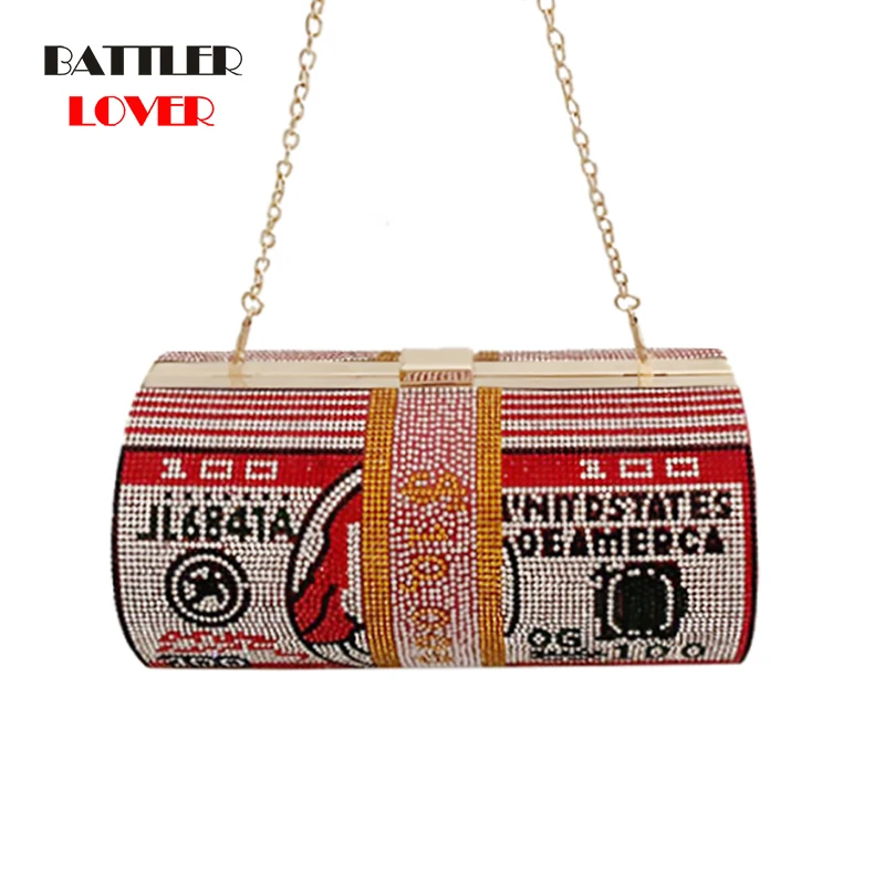 

Barrel-Shaped Crystal Money USD Bags Dollar Design Women Luxury Diamond Evening Bags for Female Party Purse and Handbag Clutch