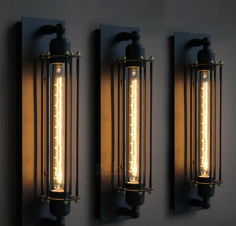 

American Vintage Classical Wall Light Corridor Stair Retro Long Wall Lamp Black Iron Glass Bedside Square Wall Lamp