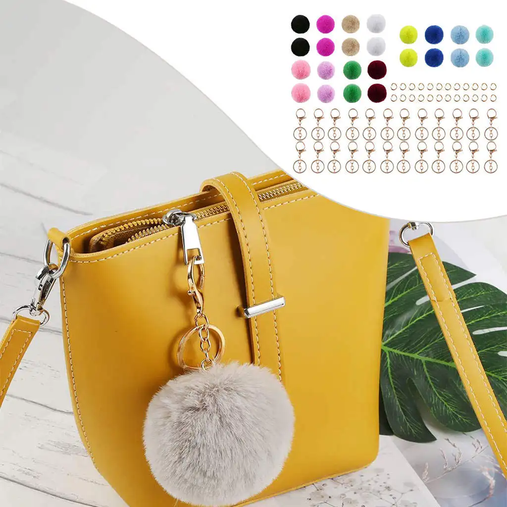 72 Pieces Multicolor Pompom Ball Keychain Kit Pompom Ball Pendant Craft 6cm for Key Chain Decor Car Handbag Cell Phone Ladies