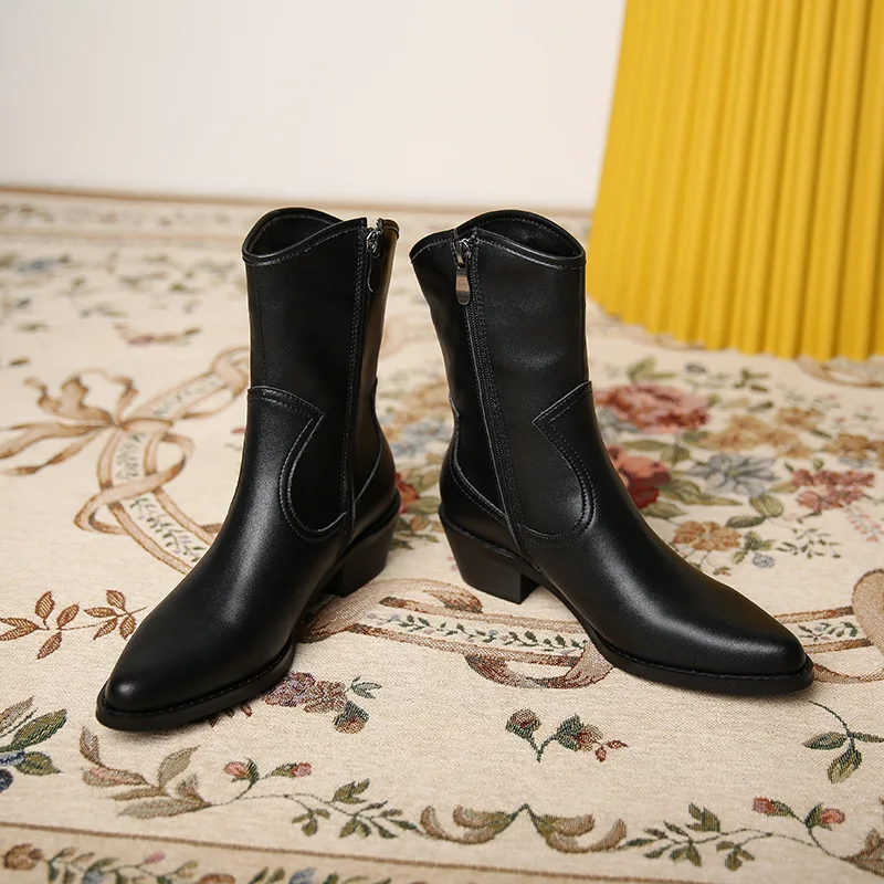 

Winter Women's Shoes Retro Pointed Thick Heel Short Boots Fashion Medium Heel Women's Boots Genuine Leather Knights' Boots