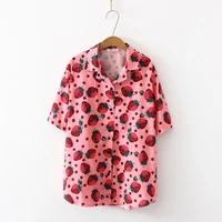 korean style strawberry print blouse fashion turn down collar summer shirt short sleeve loose tops and blouse women blusas