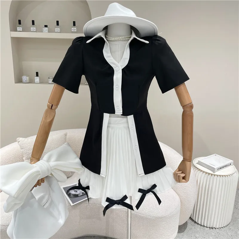 

New Women's Clothing Summer 2021 Fashion Retro color contrast slim irregular shirt bow pleated skirt Two piece set