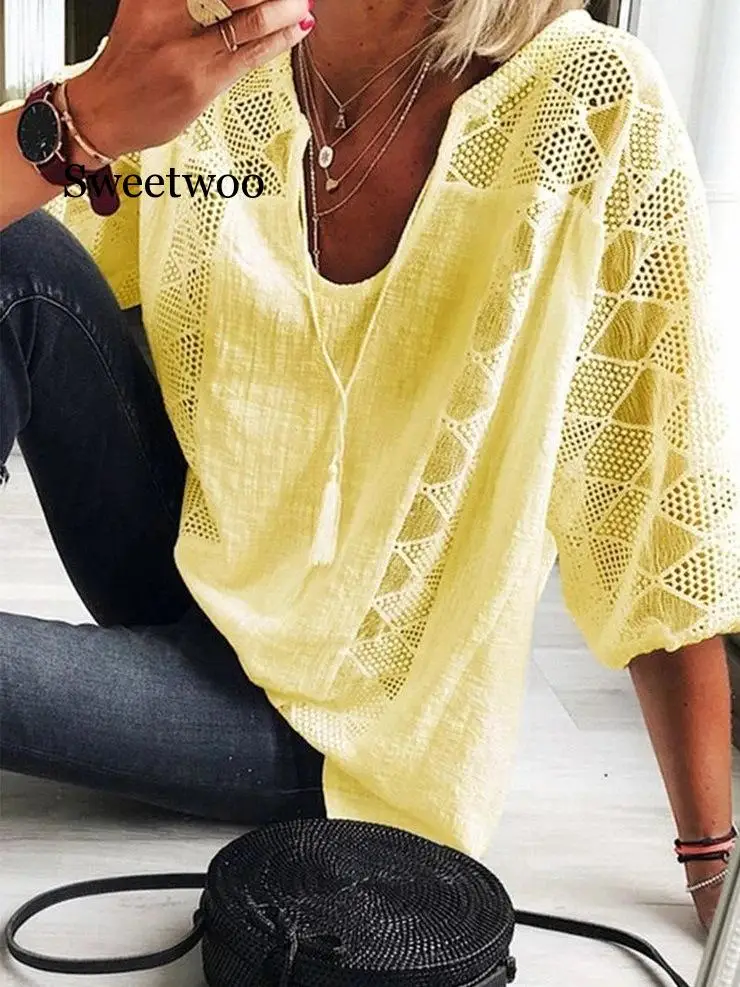 2020 Summer V-neck Lace Cotton Linen Shirt Spring Three Quarter Sleeve Plus Size Blouse Casual Patchwork Women Tops and Blouses