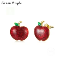 green purple enamel christmas apple stud earrings real 925 sterling silver for women festival gift fine ear jewelry brincos