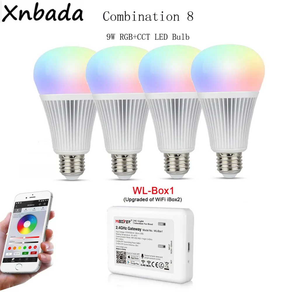Milight Светодиодная лампа E27 9 Вт RGB+ CCT, 2,4G RGBWW пульт дистанционного управления, беспроводной WL-Box1Work с Amazon Alexa Google assistant
