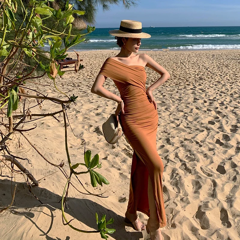 Women's Beach Style Slim Dress Solid Diagonal Collar One Shoulder Wrapping High Waist Women Long Pencil Dresses Summer 2021