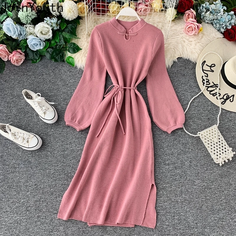 JoinYouth винтажное зимнее платье в китайском стиле однотонное стоячий воротник