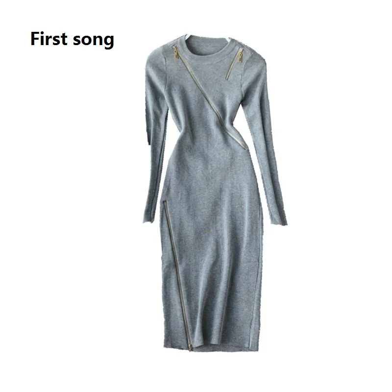 Первой песне Сезон осень зима Пикантные Свитер с молнией вязаное платье 2019New