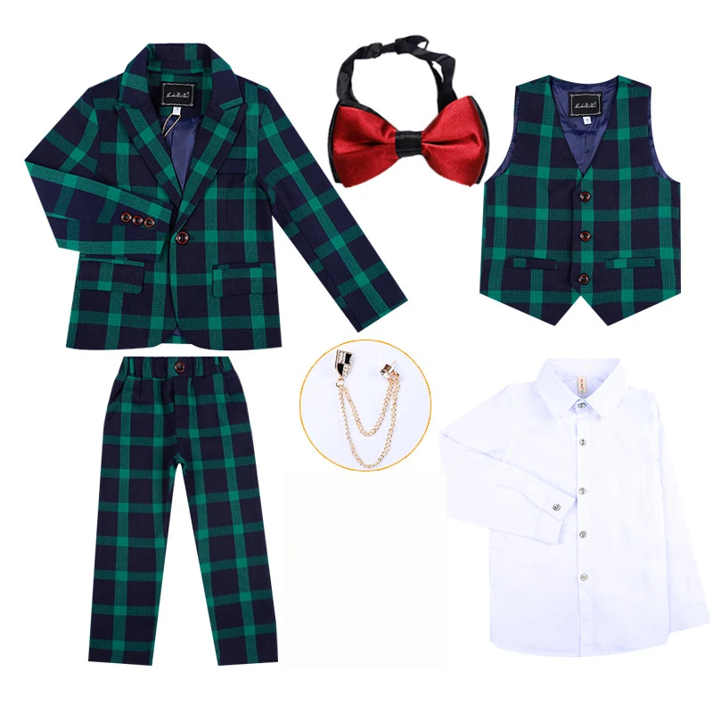 green 6pcs Детские торжественные костюмы, костюм для свадебного торжества для мальчиков Детский клетчатый смокинг, жилет, рубашка, штаны, костюм с бантом, комплекты - Цвет: green 6pcs