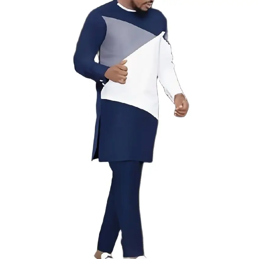 Мужской Хлопковый костюм в стиле пэчворк темно-синий комплект из рубашки и брюк