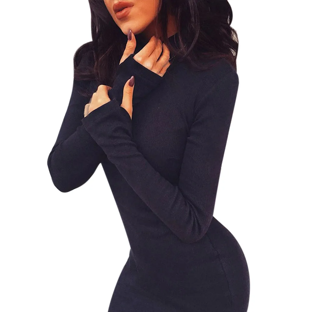 Black Платье 2019Top,, Модные женские сексуальные однотонные водолазки, обтягивающий для ночного клуба, обтягивающие ягодицы, бедра, мини-платье для женщин, одежда - Цвет: Black
